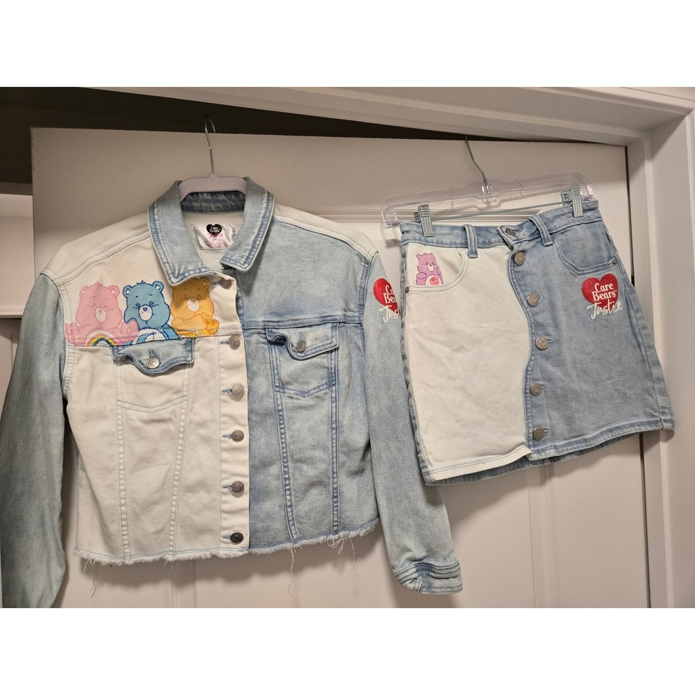 Justice x Care Bears Girls Denim Jacket Skirt Set Light Wash Two-Tone L 12/14